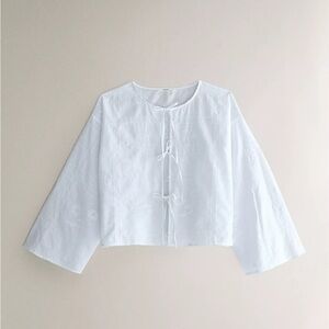 White Cotton Floral Blouse with Tie Details